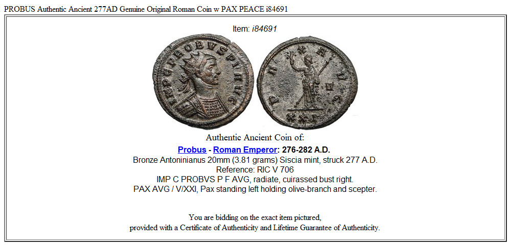 PROBUS Authentic Ancient 277AD Genuine Original Roman Coin w PAX PEACE i84691