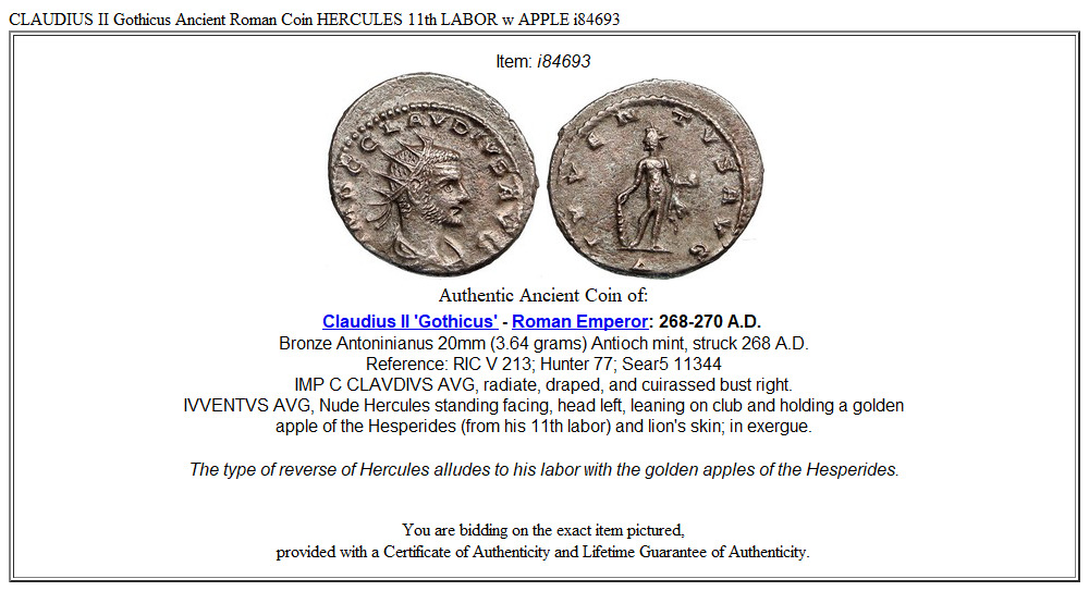 CLAUDIUS II Gothicus Ancient Roman Coin HERCULES 11th LABOR w APPLE i84693