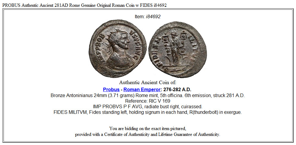 PROBUS Authentic Ancient 281AD Rome Genuine Original Roman Coin w FIDES i84692