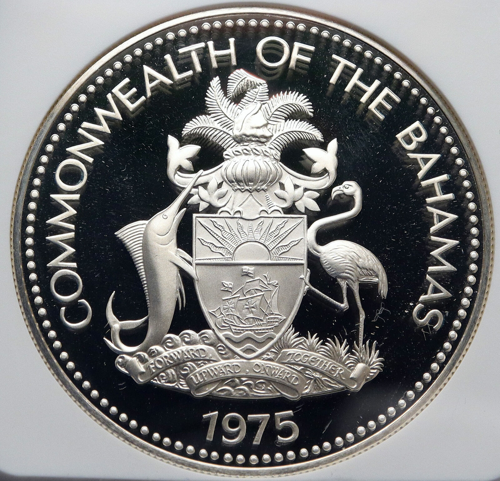 1975 BAHAMAS UK Queen Elizabeth II FLAG Old Proof Silver Coin $5 Coin NGC i85233