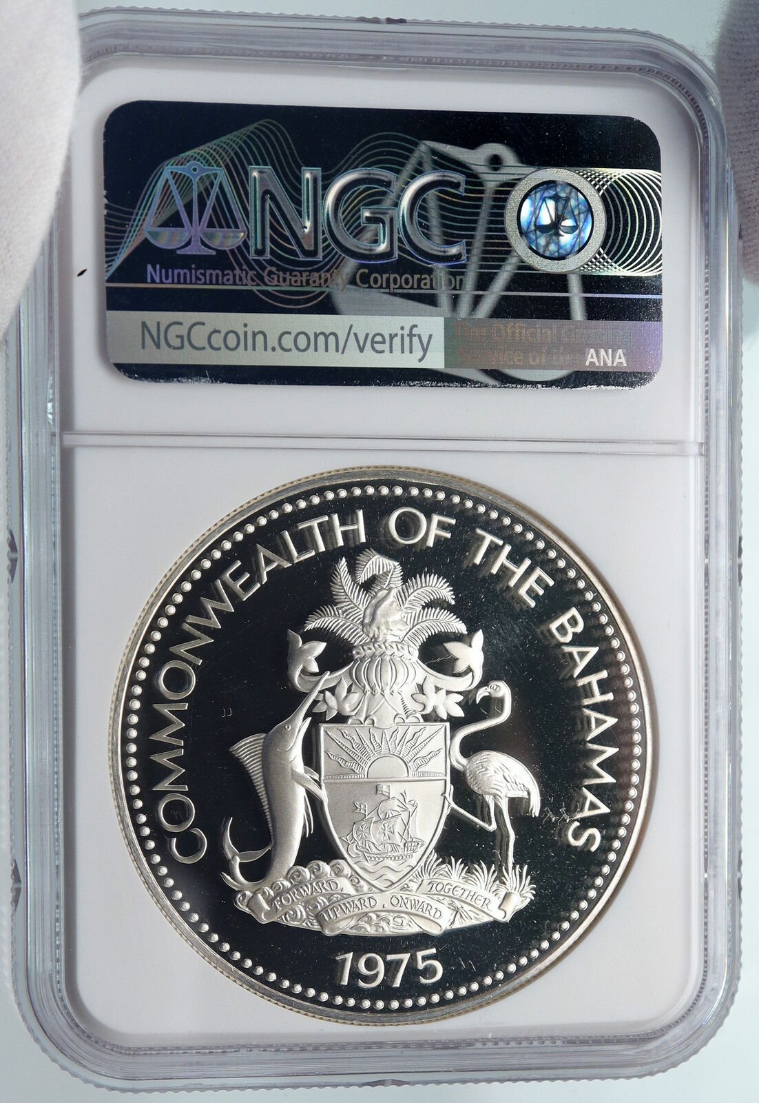 1975 BAHAMAS UK Queen Elizabeth II FLAG Old Proof Silver Coin $5 Coin NGC i85233