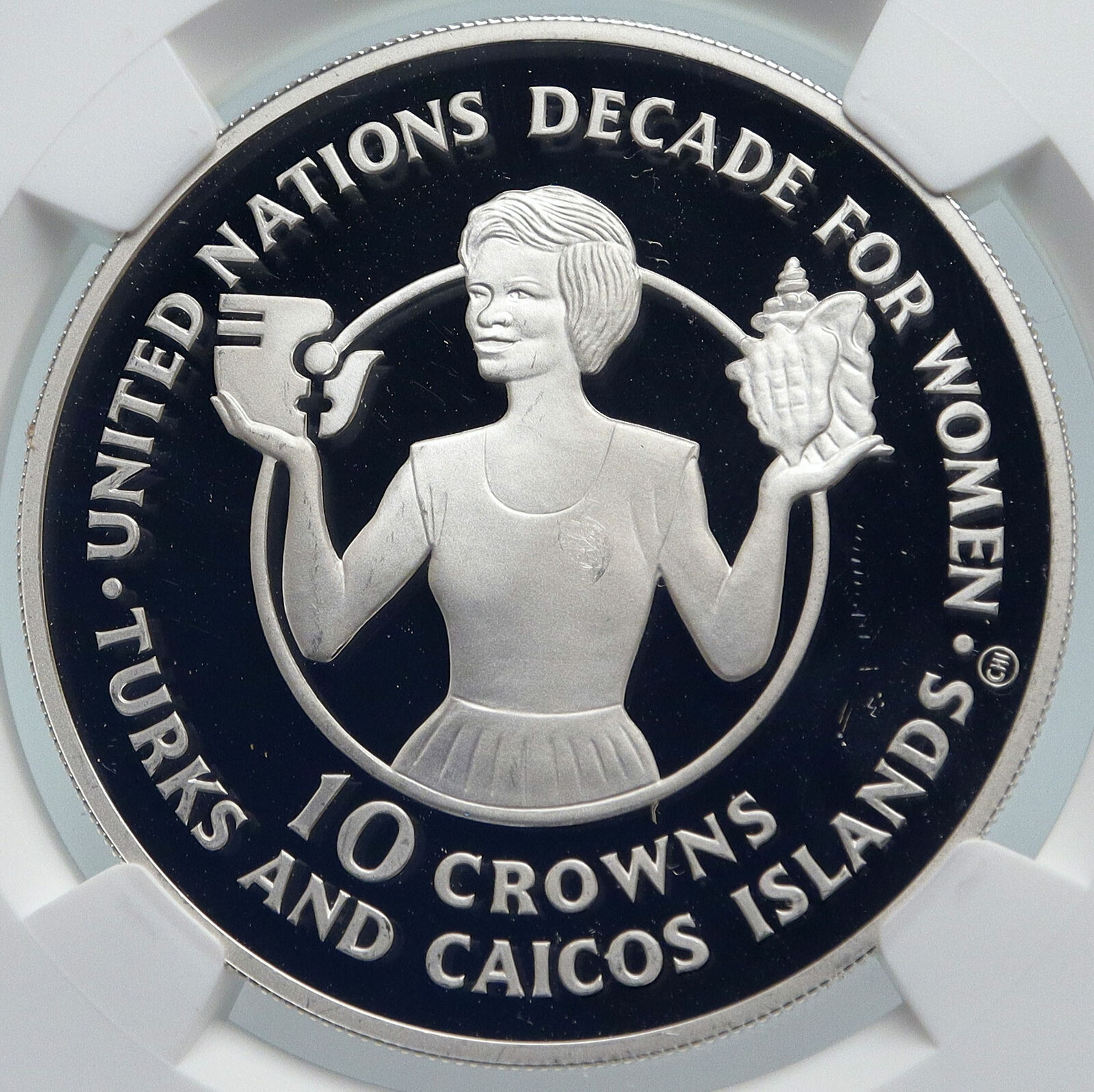 1985 TURKS AND CAICOS Decade for Women UN Proof Silver 10 Crown Coin NGC i85238