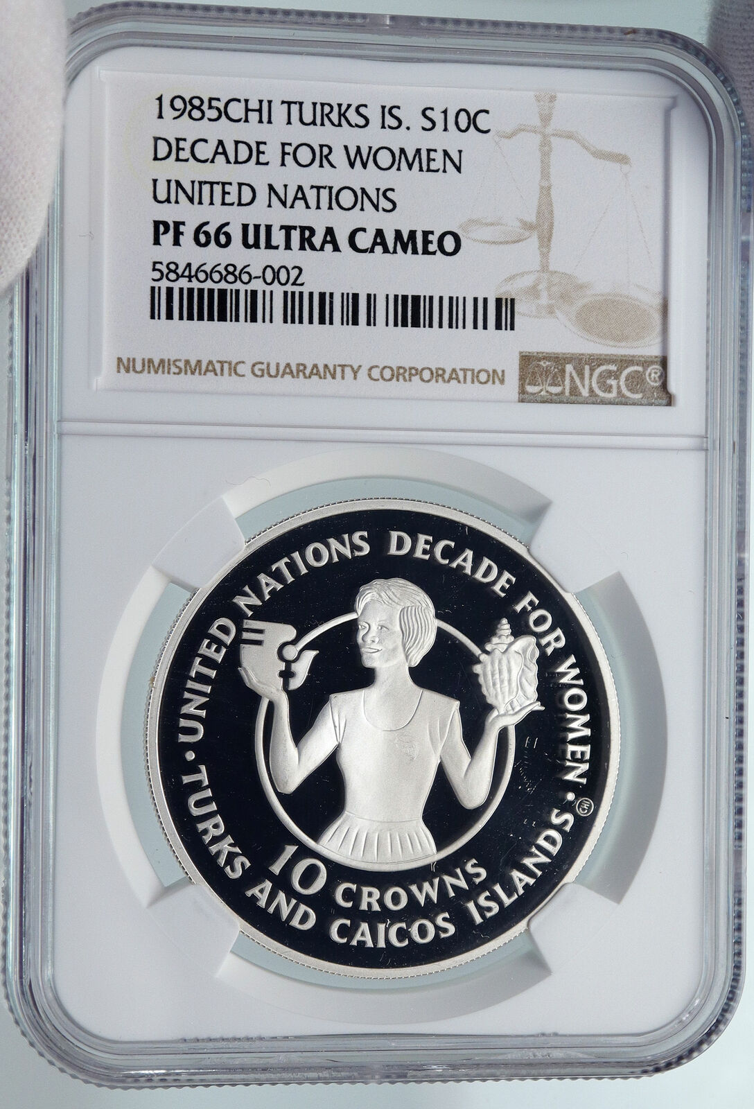 1985 TURKS AND CAICOS Decade for Women UN Proof Silver 10 Crown Coin NGC i85238