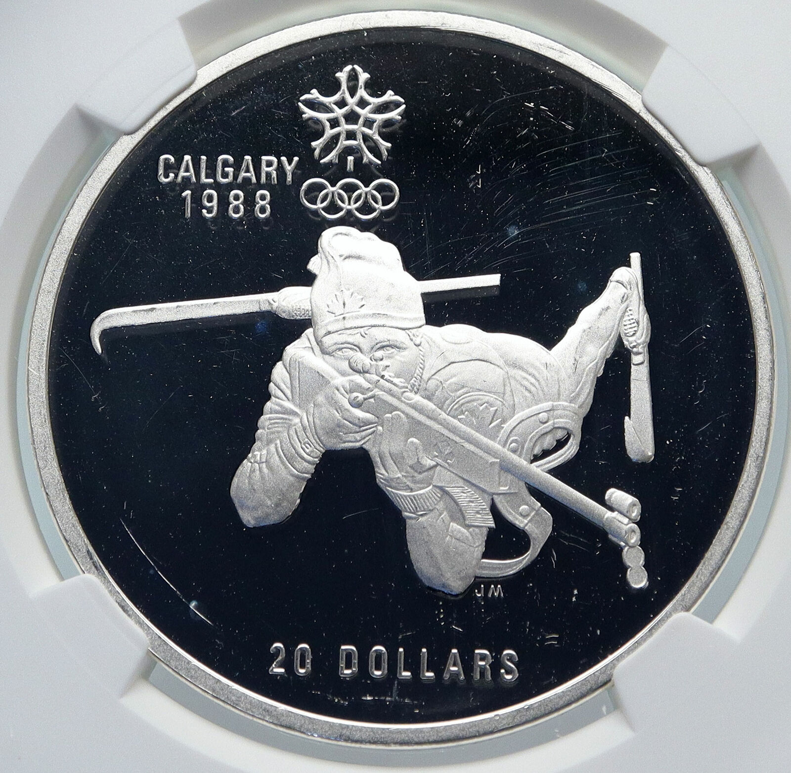 1986 CANADA Old 1988 CALGARY OLYMPICS BIATHLON Proof Silver $20 Coin NGC i85242