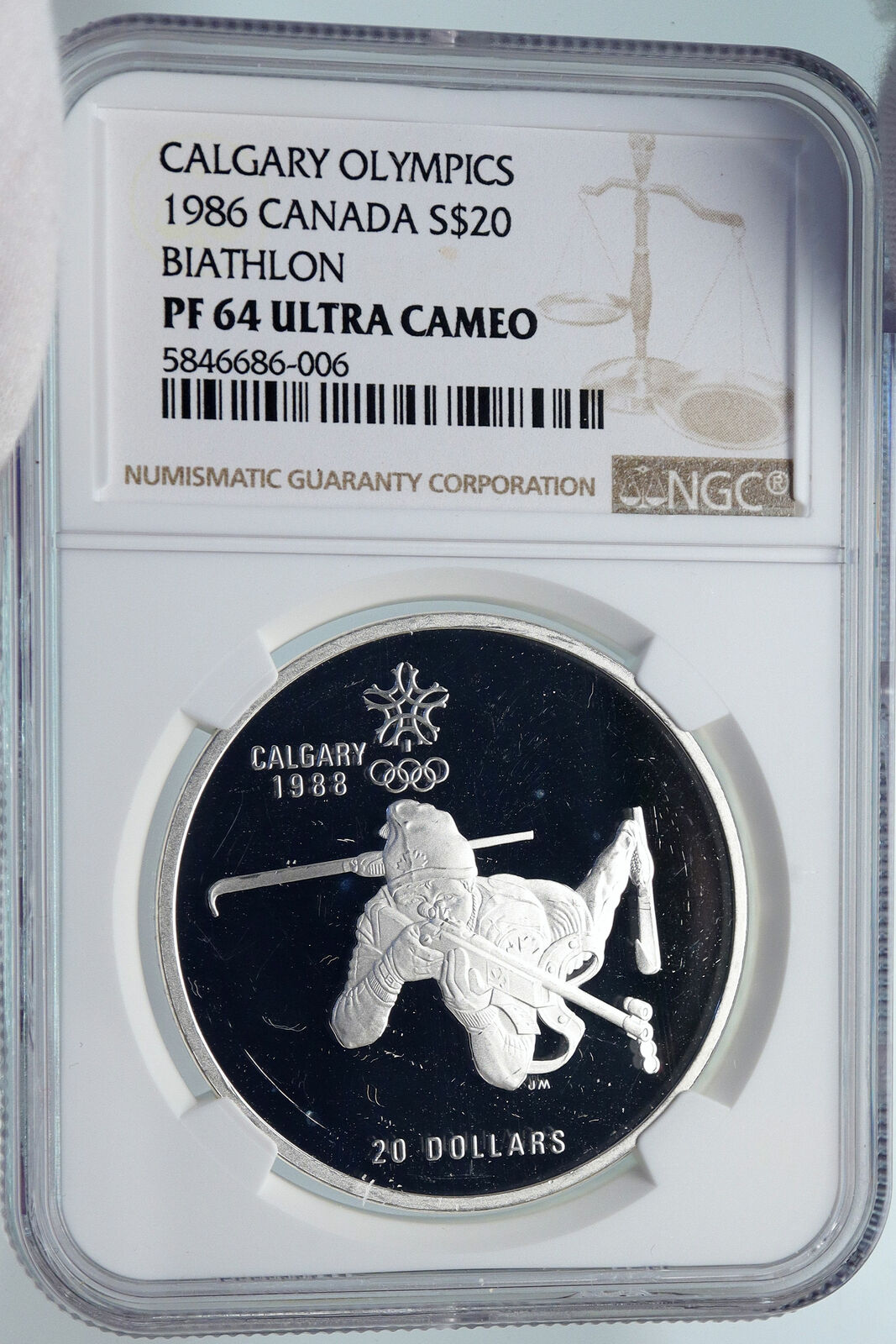 1986 CANADA Old 1988 CALGARY OLYMPICS BIATHLON Proof Silver $20 Coin NGC i85242