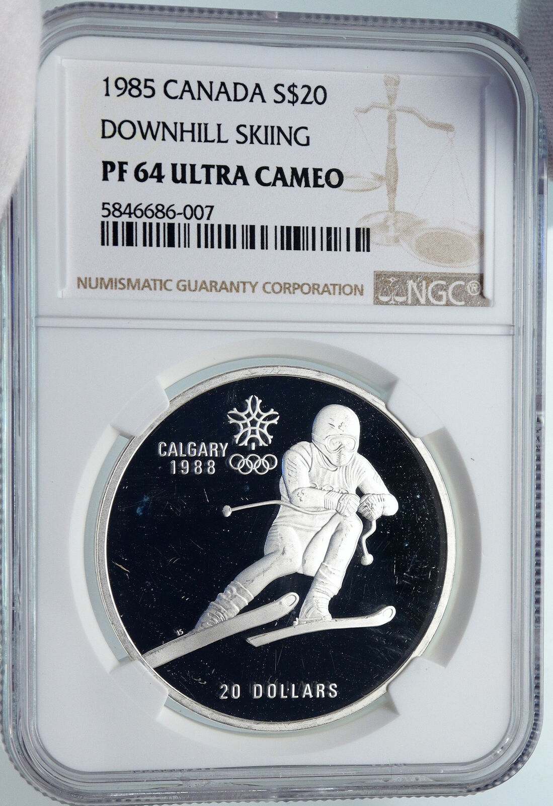 1985 CANADA Old 1988 CALGARY OLYMPICS Skiing Proof Silver $20 Coin NGC i85243