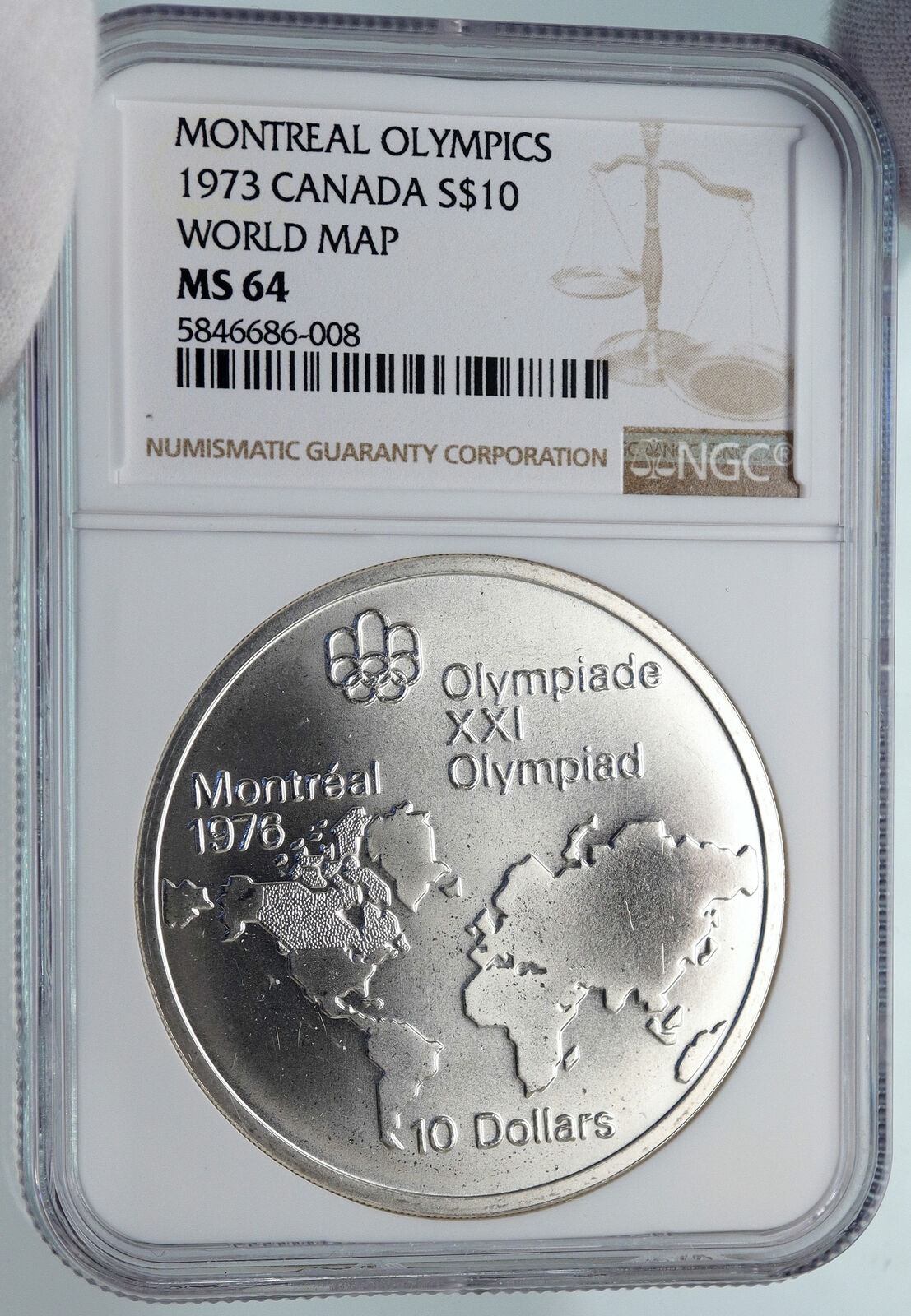 1973 CANADA Queen Elizabeth II Olympics Montreal WORLDMAP Silver NGC Coin i85244