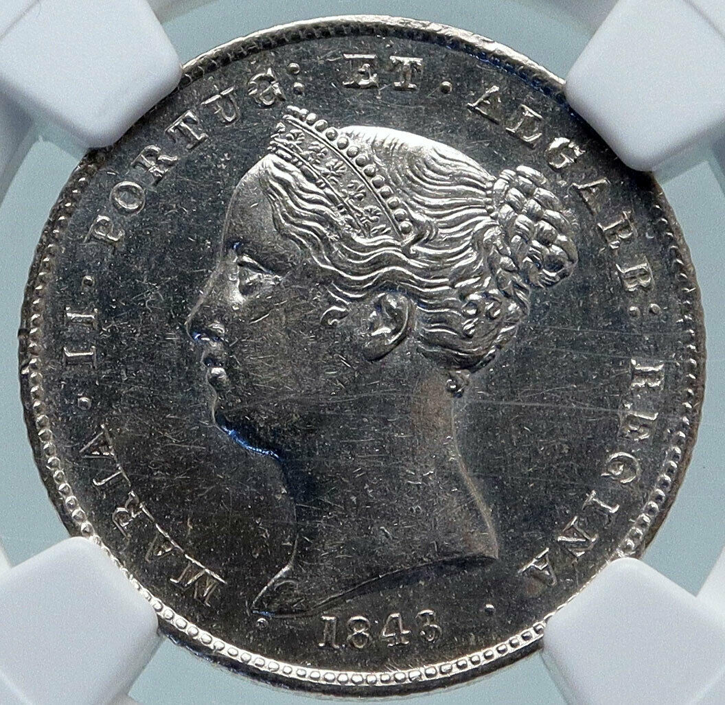 1843 PORTUGAL Rare QUEEN MARIA II Silver 200 Reis Portuguese Coin NGC i85221