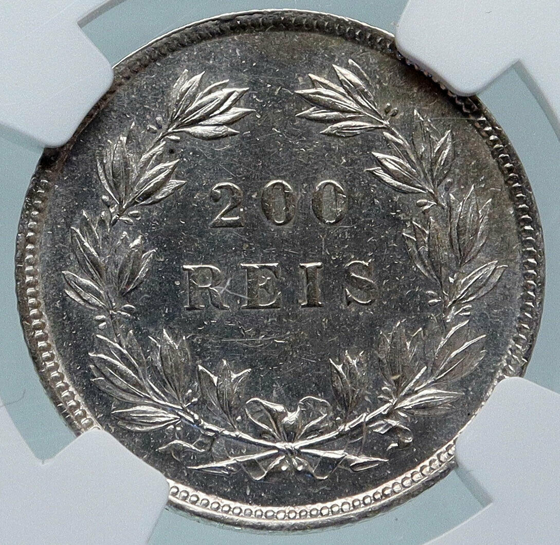 1843 PORTUGAL Rare QUEEN MARIA II Silver 200 Reis Portuguese Coin NGC i85221