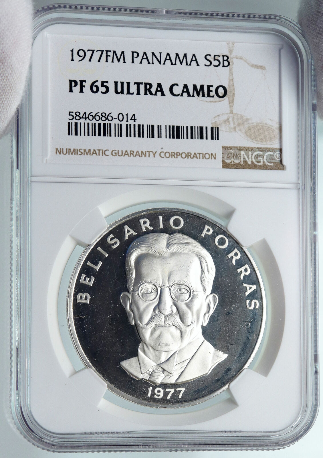 1977 PANAMA President Belisario Porras OLD Proof Silver 5 Balboa Coin NGC i85270