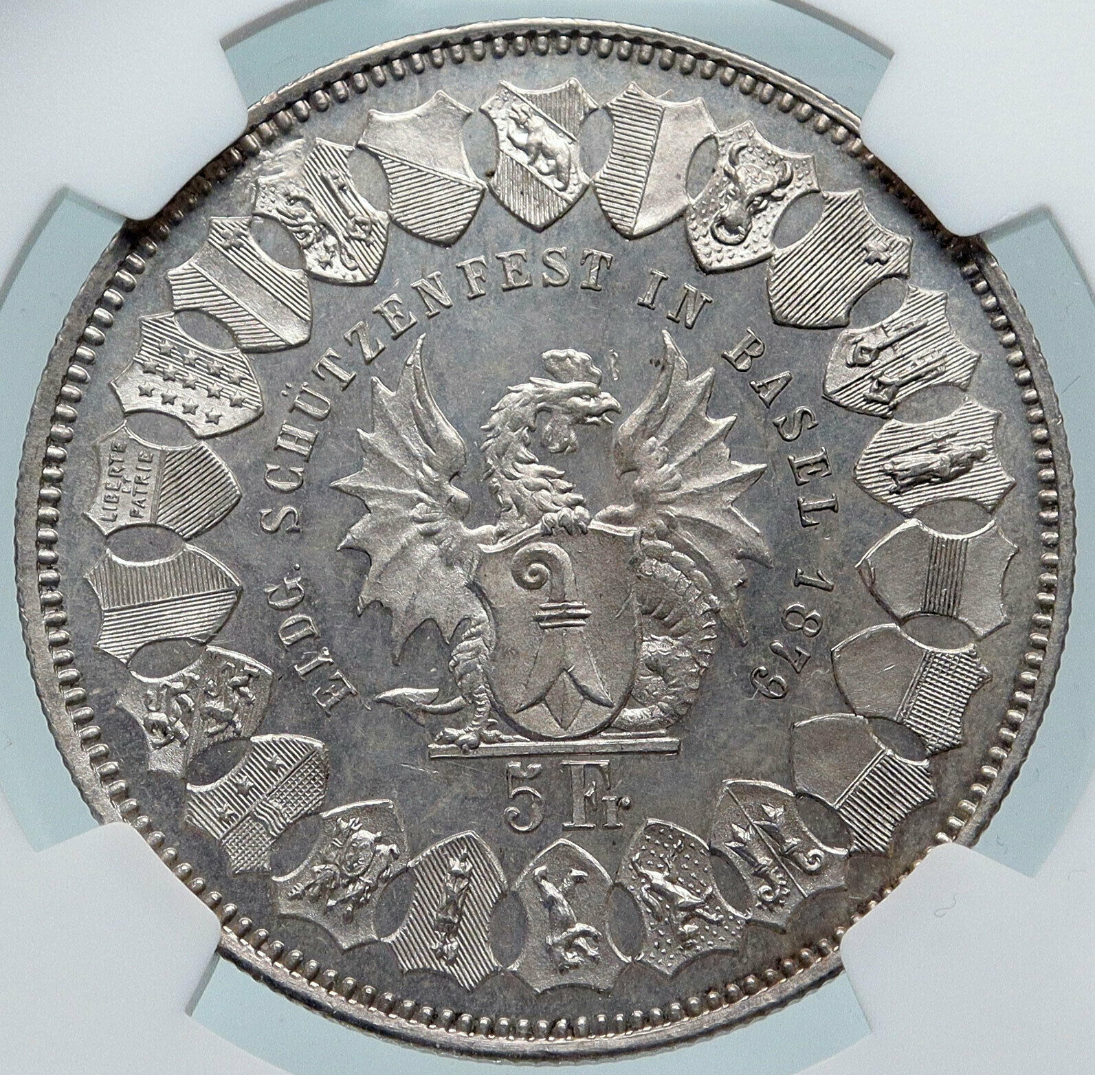 1879 SWITZERLAND Basel ANTIQUE SHOOTING FESTIVAL Swiss Silver 5F Coin NGC i85273