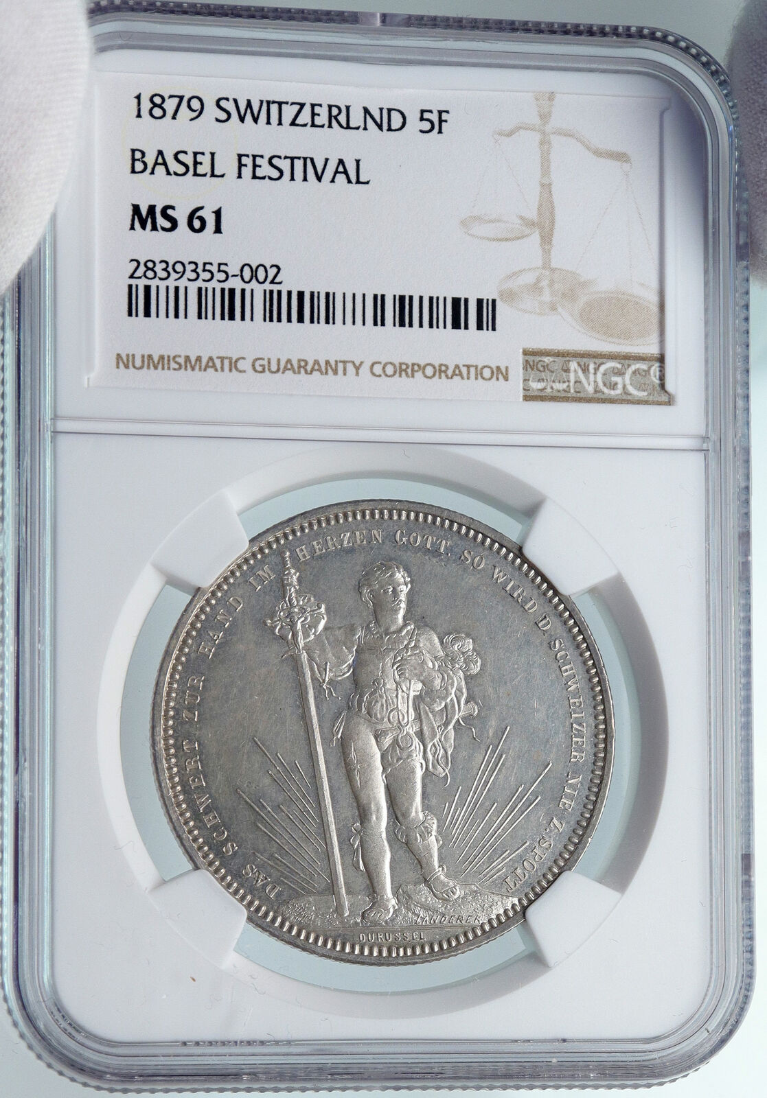 1879 SWITZERLAND Basel ANTIQUE SHOOTING FESTIVAL Swiss Silver 5F Coin NGC i85273