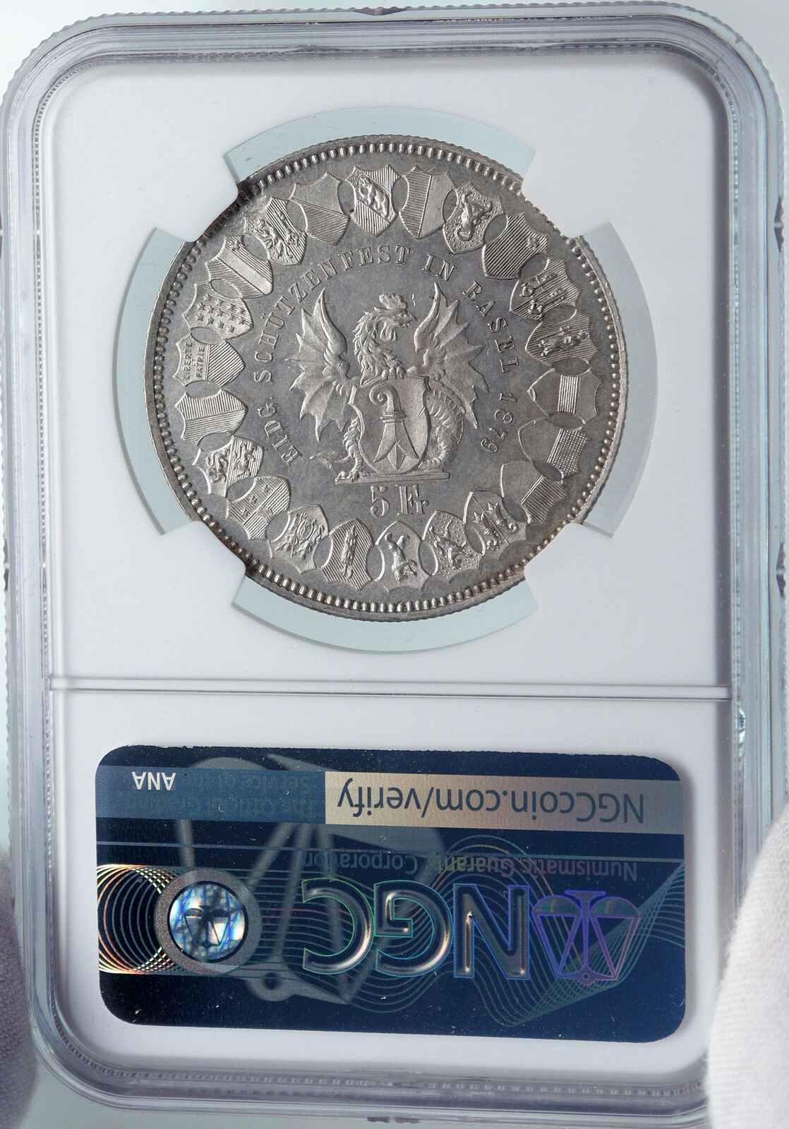 1879 SWITZERLAND Basel ANTIQUE SHOOTING FESTIVAL Swiss Silver 5F Coin NGC i85273