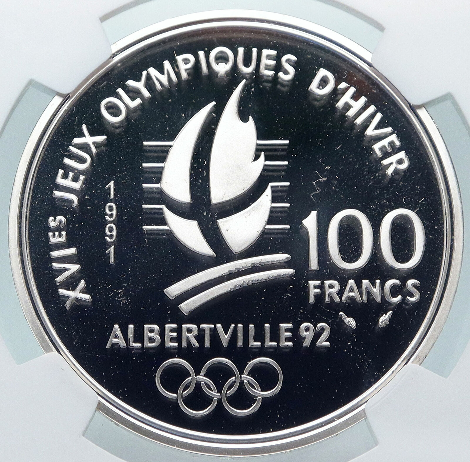 1991 FRANCE '92 Albertville Olympics Skiing Proof Silver 100Fran Coin NGC i85271