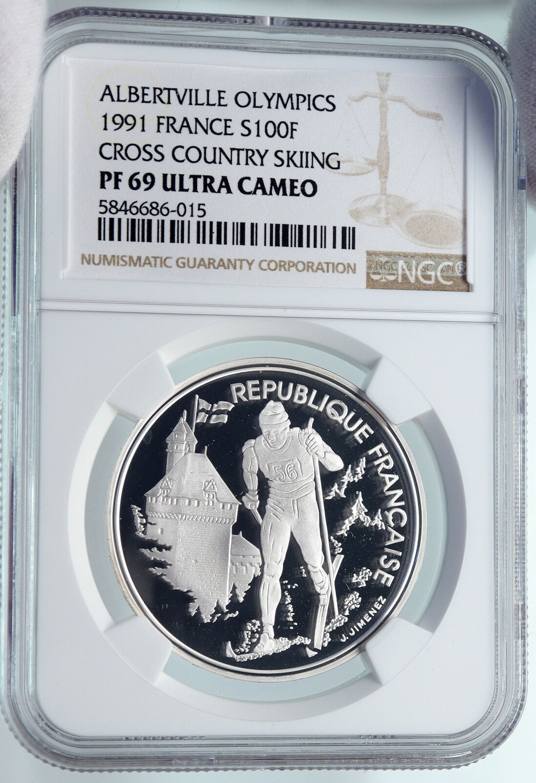 1991 FRANCE '92 Albertville Olympics Skiing Proof Silver 100Fran Coin NGC i85271