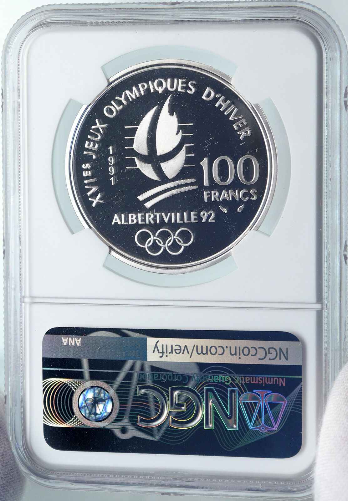 1991 FRANCE '92 Albertville Olympics Skiing Proof Silver 100Fran Coin NGC i85271