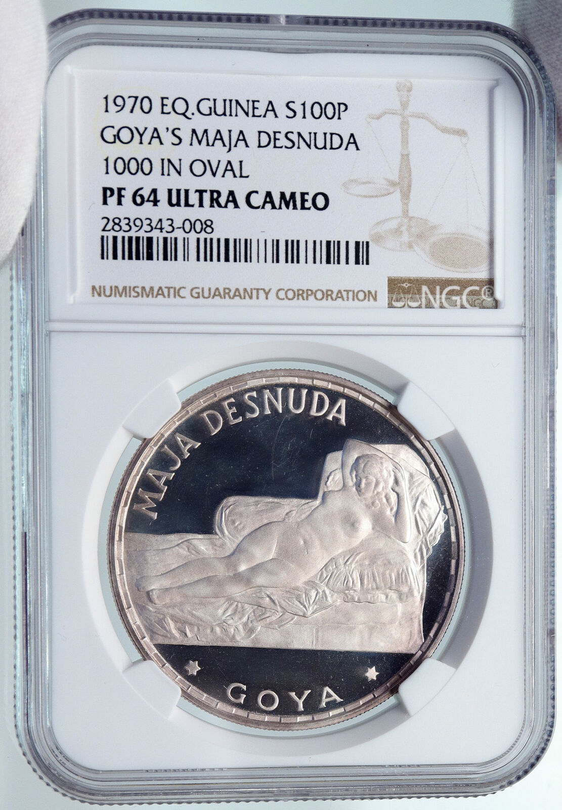 1970 EQUATORIAL GUINEA Goya Maja Desnuda Proof Silver 100Pesetas Coin NGC i85229