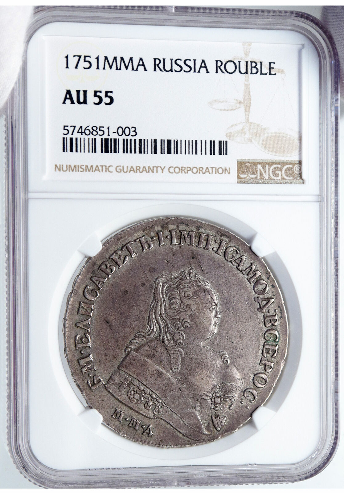 1751 RUSSIA Empress ELIZABETH Antique Silver ROUBLE Coin NGC Certified AU i85224