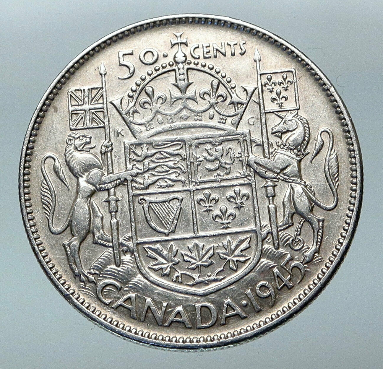 1945 CANADA UK King GEORGE VI Lions Crown Large Old SILVER 50 Cents Coin i85289