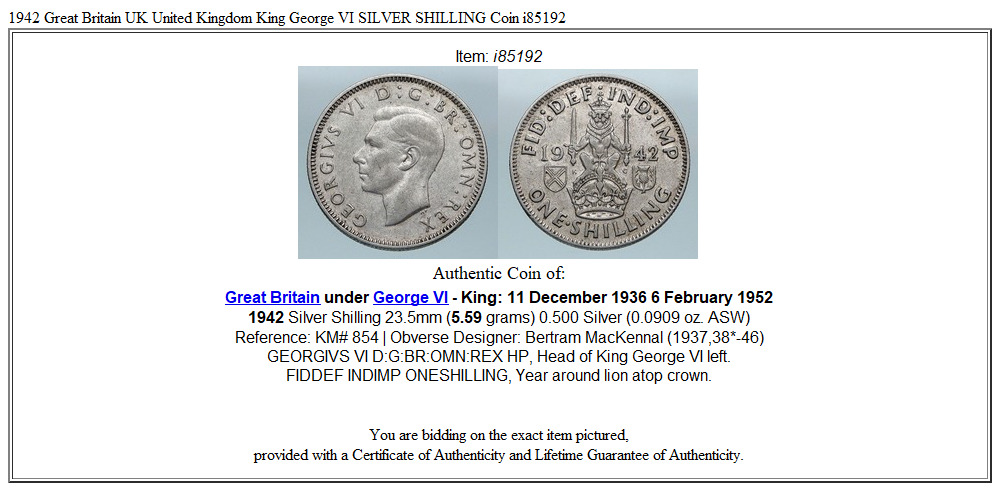 1942 Great Britain UK United Kingdom King George VI SILVER SHILLING Coin i85192