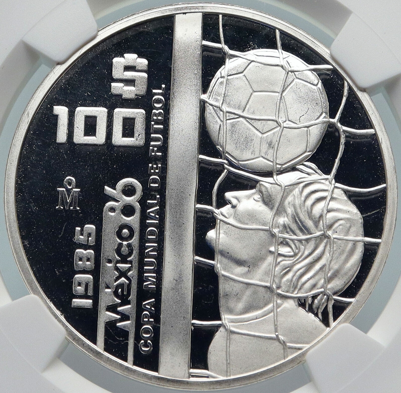 1985 MEXICO FIFA World Cup 1986 Football Soccer Proof Silver 100 Coin NGC i85392