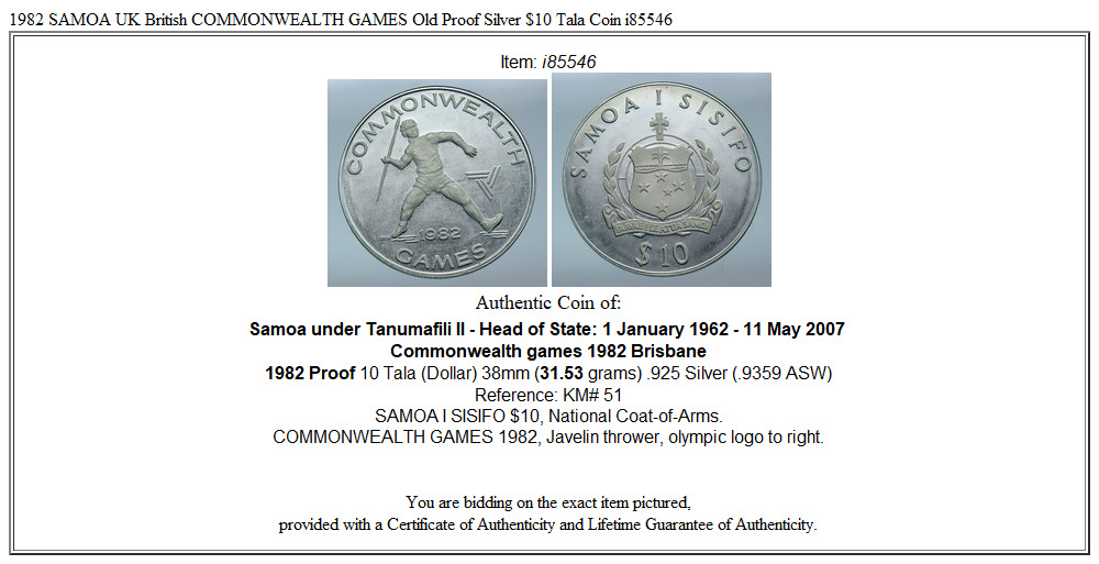 1982 SAMOA UK British COMMONWEALTH GAMES Old Proof Silver $10 Tala Coin i85546