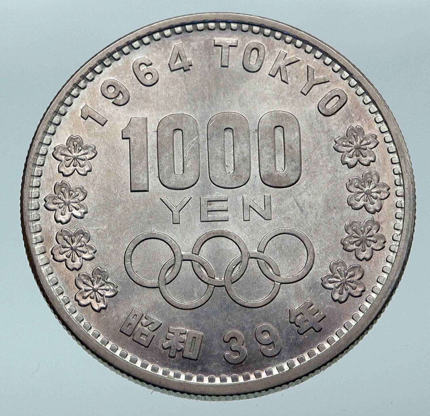 1964 JAPAN Tokyo Summer Olympic Games CHERRY MT FUJI Silver 1000 Yen Coin i85545