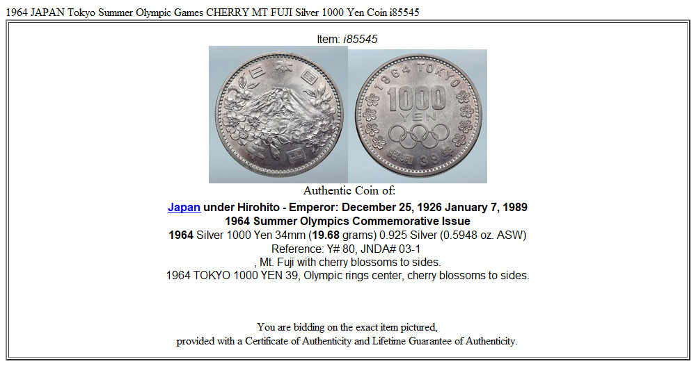 1964 JAPAN Tokyo Summer Olympic Games CHERRY MT FUJI Silver 1000 Yen Coin i85545