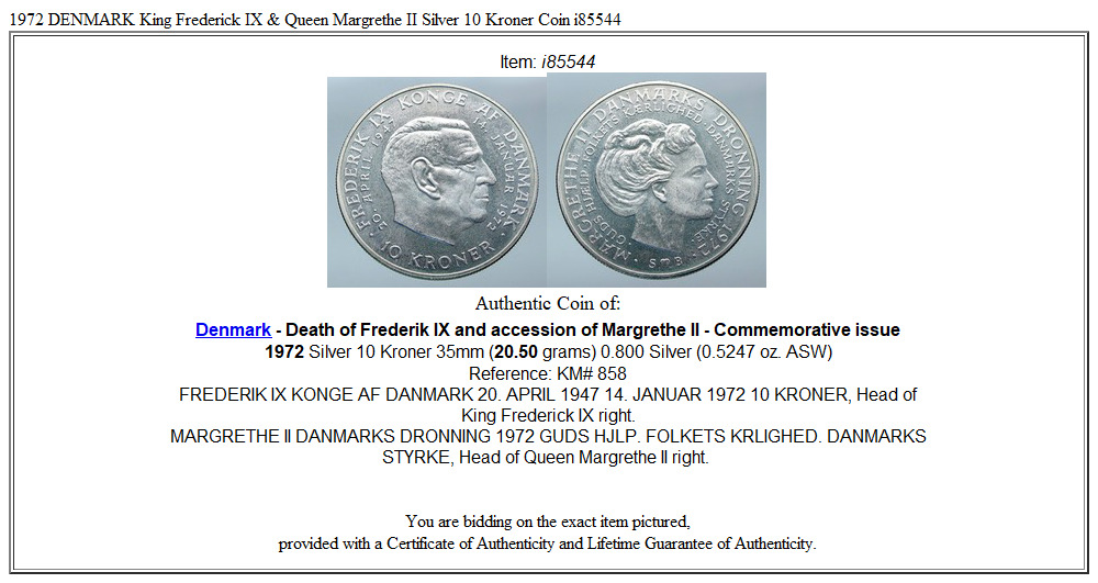 1972 DENMARK King Frederick IX & Queen Margrethe II Silver 10 Kroner Coin i85544