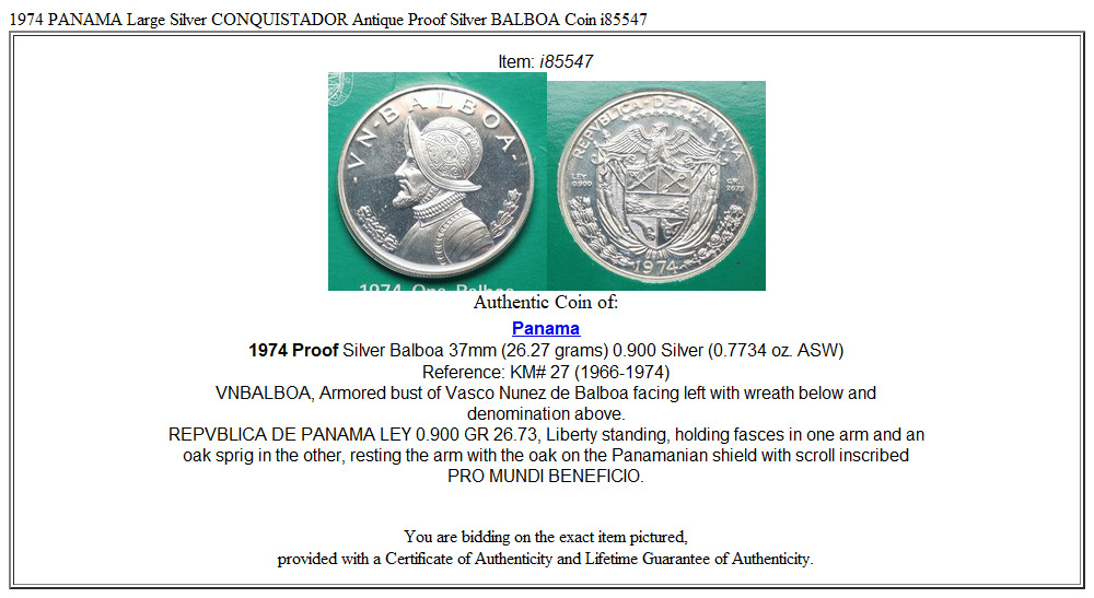 1974 PANAMA Large Silver CONQUISTADOR Antique Proof Silver BALBOA Coin i85547