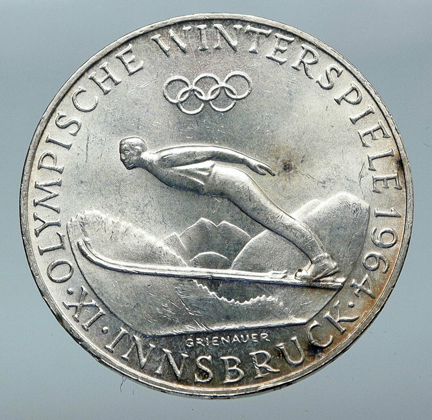 1964 AUSTRIA Innsbruck Winter Olympic Games SKIING OLD Silver 50Shlg Coin i85550