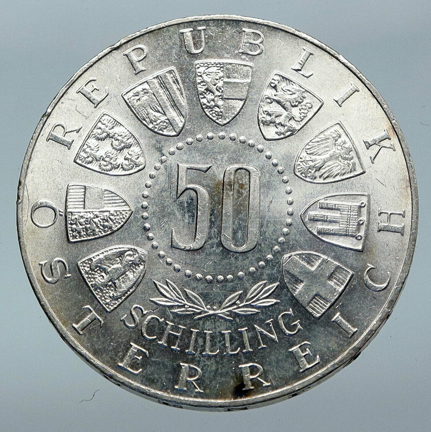 1964 AUSTRIA Innsbruck Winter Olympic Games SKIING OLD Silver 50Shlg Coin i85550