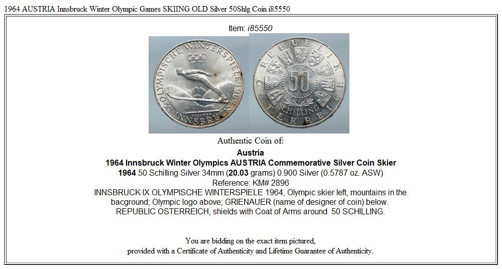 1964 AUSTRIA Innsbruck Winter Olympic Games SKIING OLD Silver 50Shlg Coin i85550