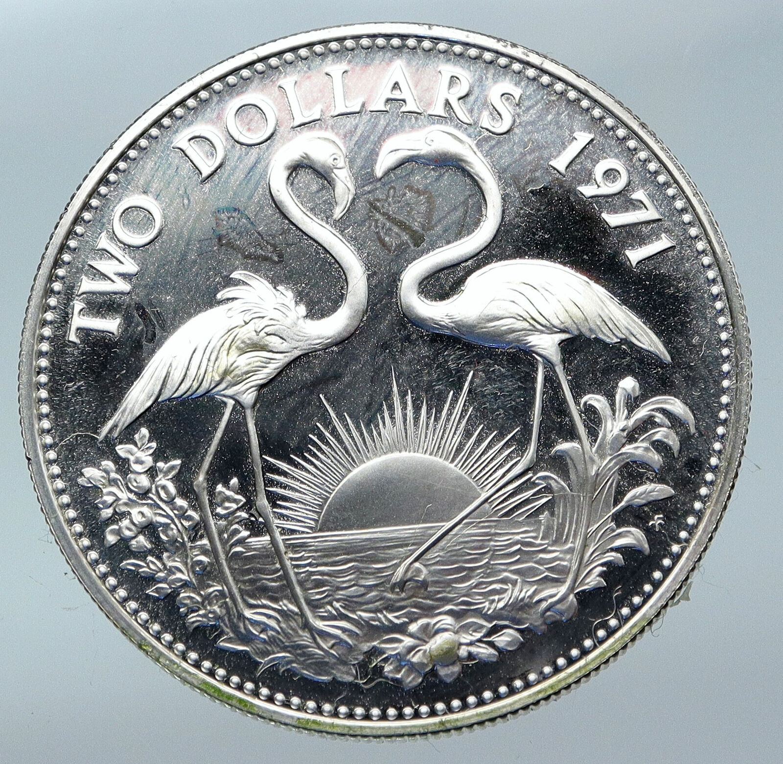 1971 The BAHAMAS Elizabeth II FLAMINGO Birds PROOF SILVER 2 Dollars Coin i85534