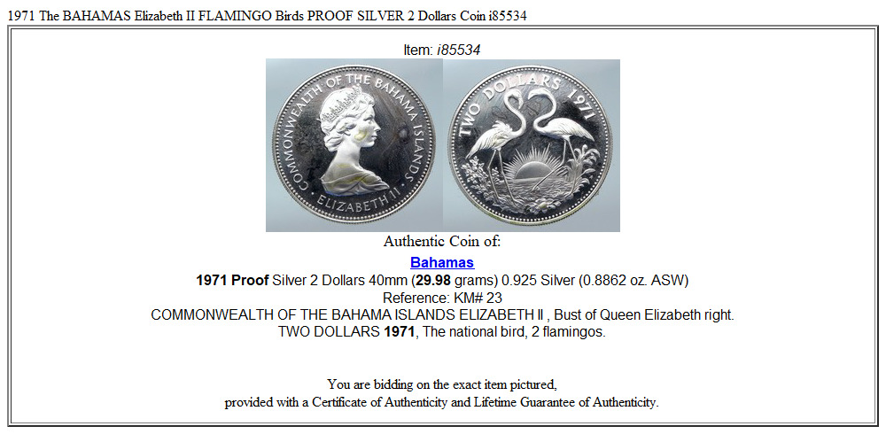 1971 The BAHAMAS Elizabeth II FLAMINGO Birds PROOF SILVER 2 Dollars Coin i85534