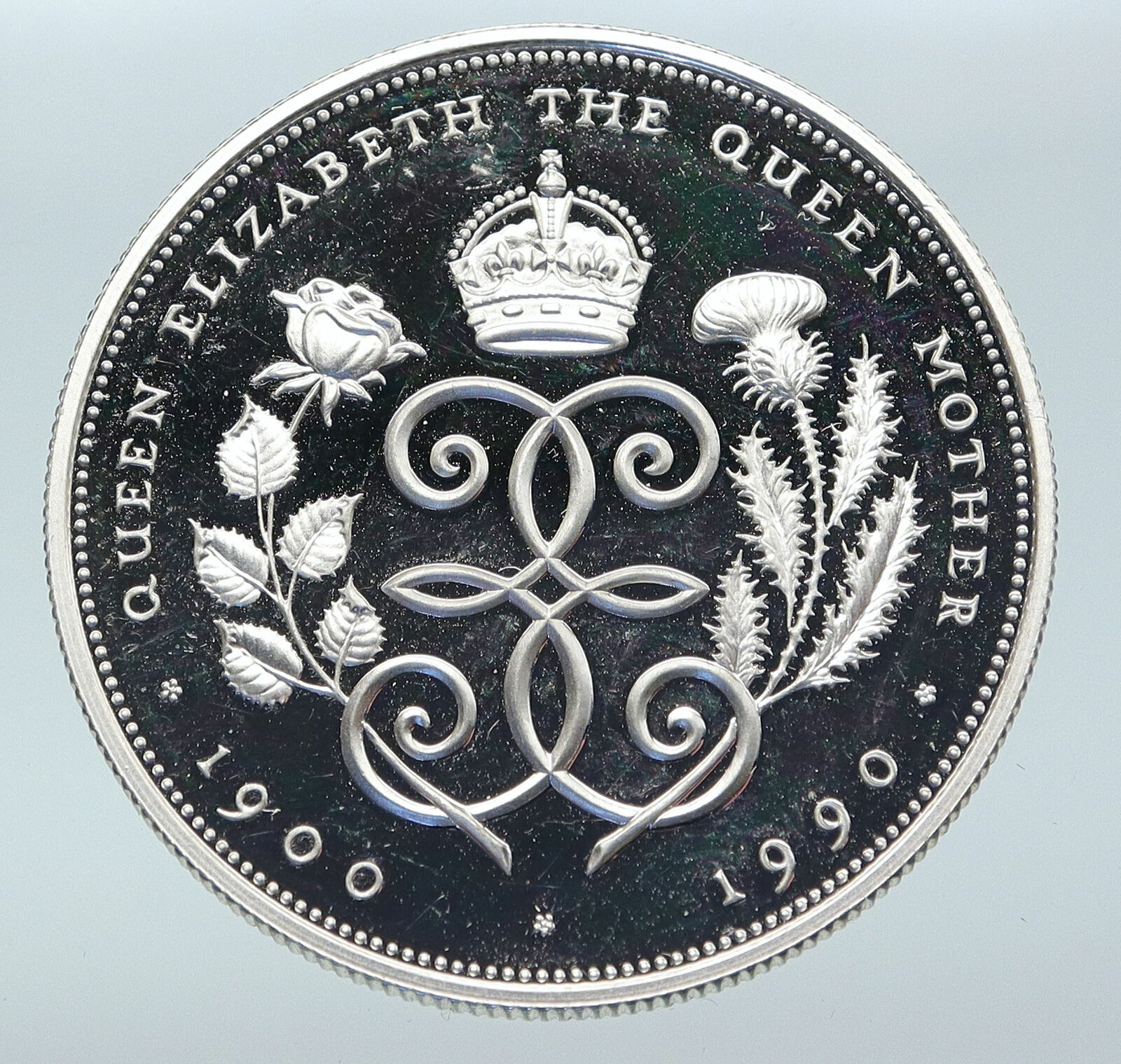 1990 GREAT BRITAIN UK Queen Mother Elizabeth II PROOF SILVER 5 Pound Coin i85554