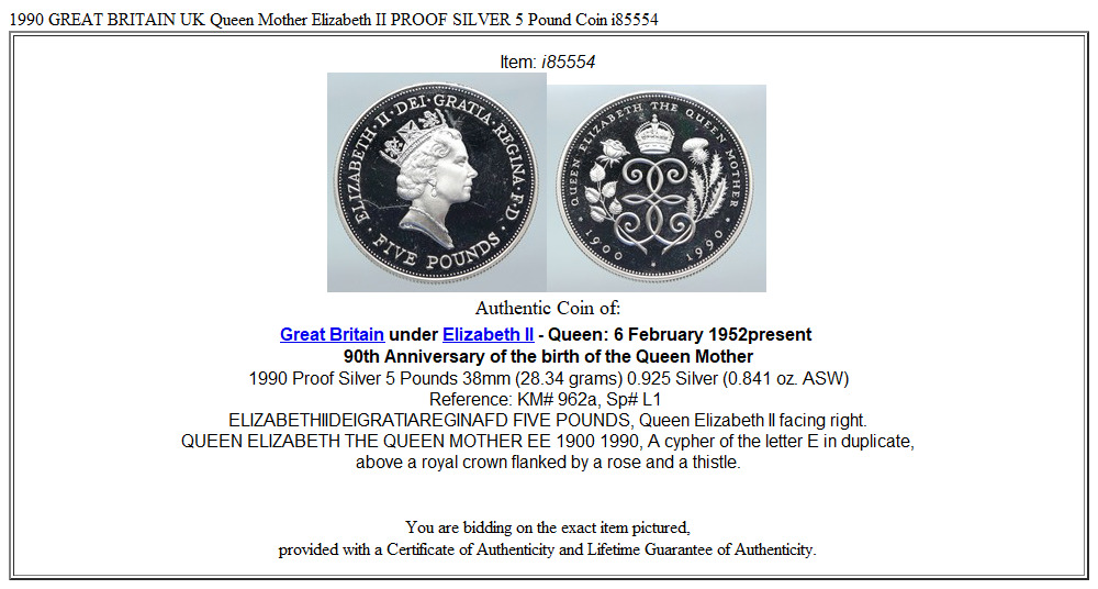 1990 GREAT BRITAIN UK Queen Mother Elizabeth II PROOF SILVER 5 Pound Coin i85554