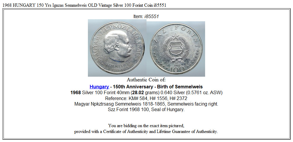 1968 HUNGARY 150 Yrs Ignzas Semmelweis OLD Vintage Silver 100 Forint Coin i85551