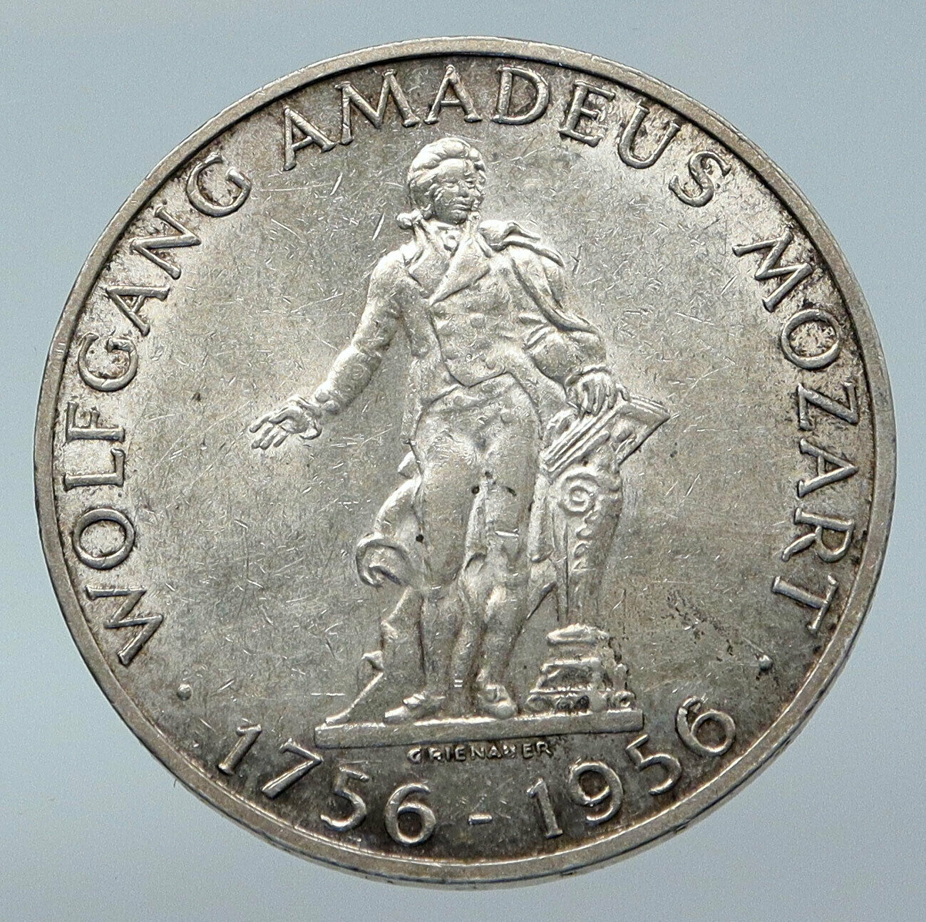 1956 AUSTRIA w Composer Musician Mozart Antique Silver 25 Schilling Coin i85538