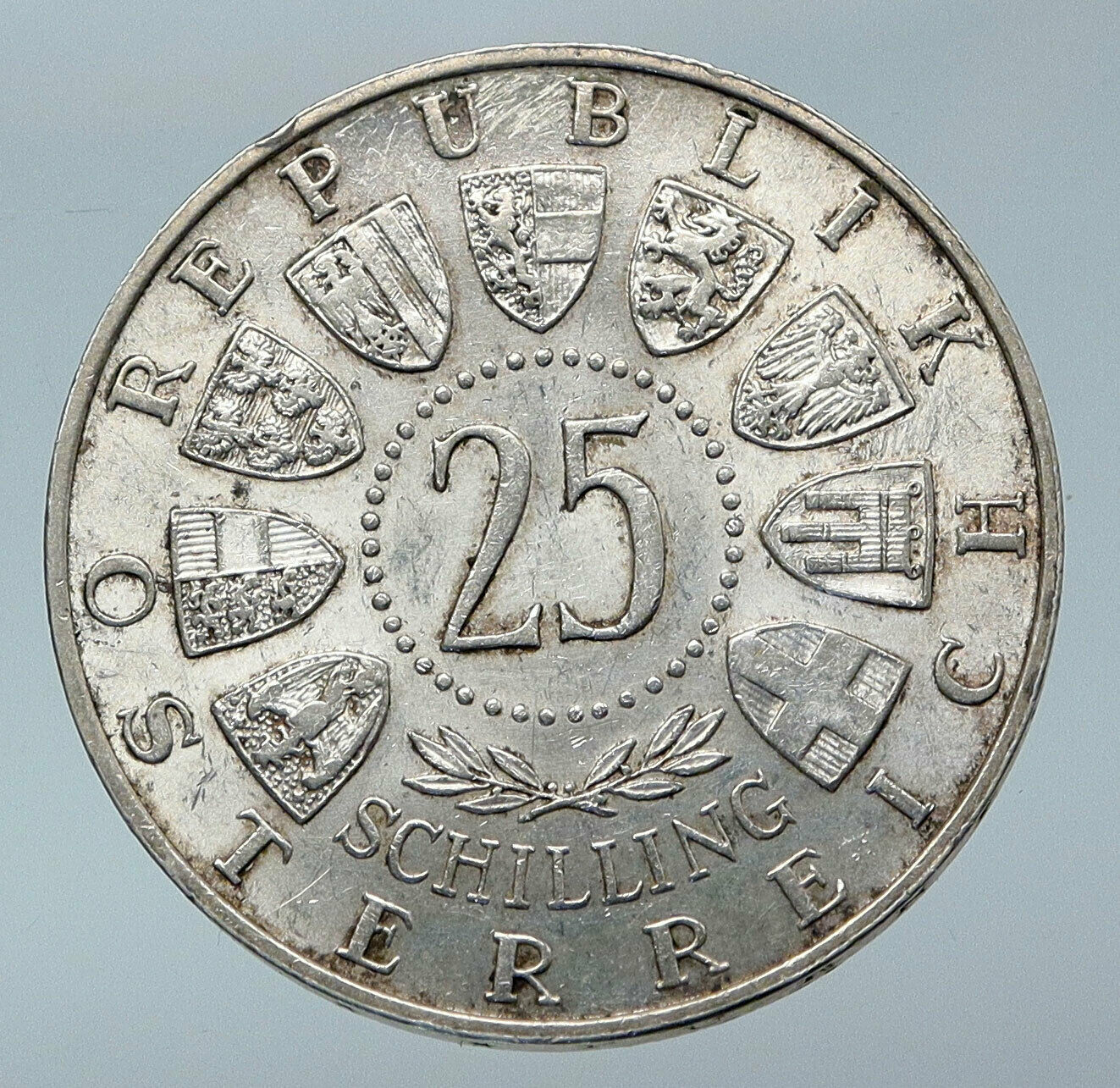 1956 AUSTRIA w Composer Musician Mozart Antique Silver 25 Schilling Coin i85538