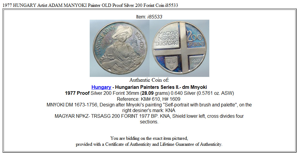 1977 HUNGARY Artist ADAM MANYOKI Painter OLD Proof Silver 200 Forint Coin i85533