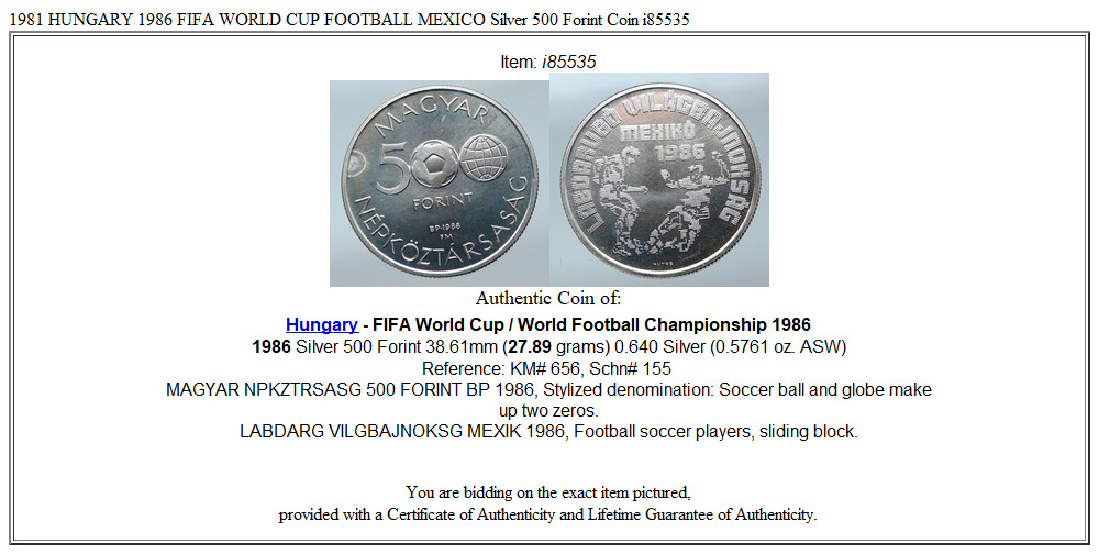 1981 HUNGARY 1986 FIFA WORLD CUP FOOTBALL MEXICO Silver 500 Forint Coin i85535