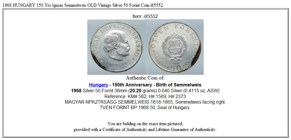 1968 HUNGARY 150 Yrs Ignzas Semmelweis OLD Vintage Silver 50 Forint Coin i85552