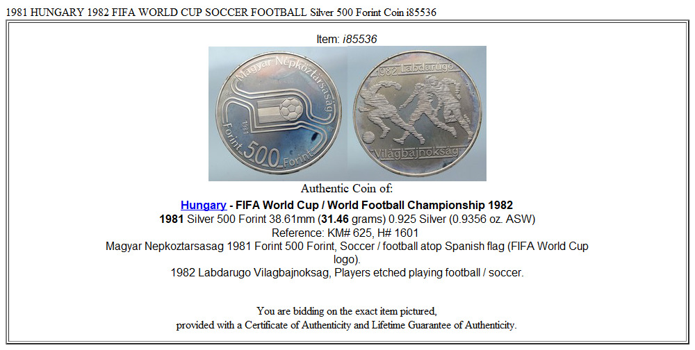 1981 HUNGARY 1982 FIFA WORLD CUP SOCCER FOOTBALL Silver 500 Forint Coin i85536