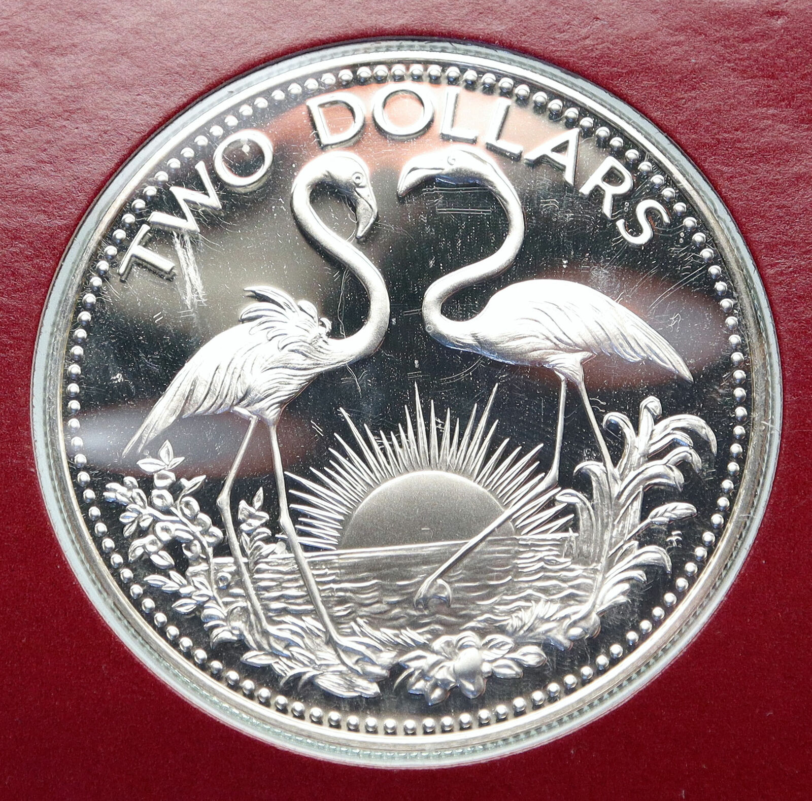 1976 The BAHAMAS Islands TWO FLAMINGOS Vintage Proof Silver 2 Dollar Coin i85553