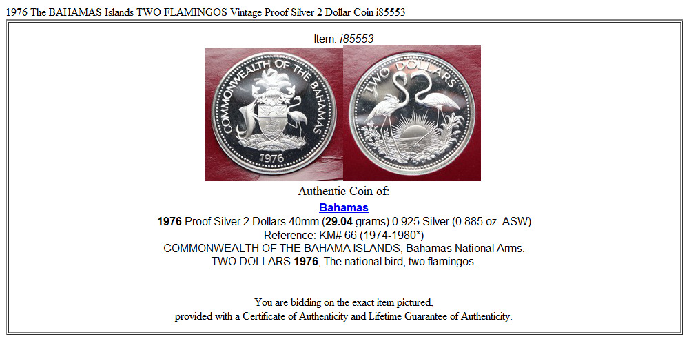 1976 The BAHAMAS Islands TWO FLAMINGOS Vintage Proof Silver 2 Dollar Coin i85553