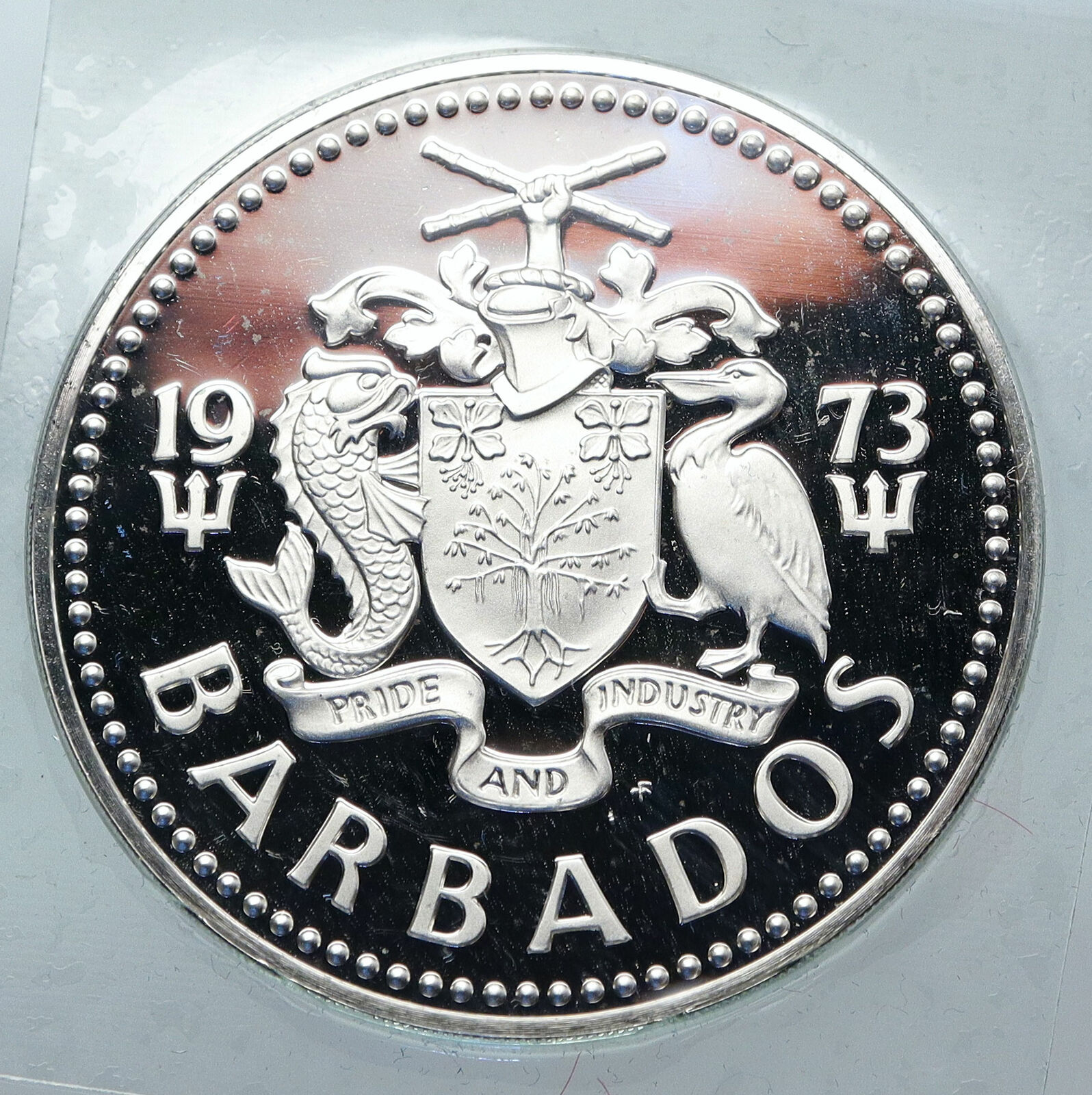 1973 BARBADOS Huge 4.2cm VINTAGE NEPTUNE Old Proof Silver 10 Dollars Coin i85514