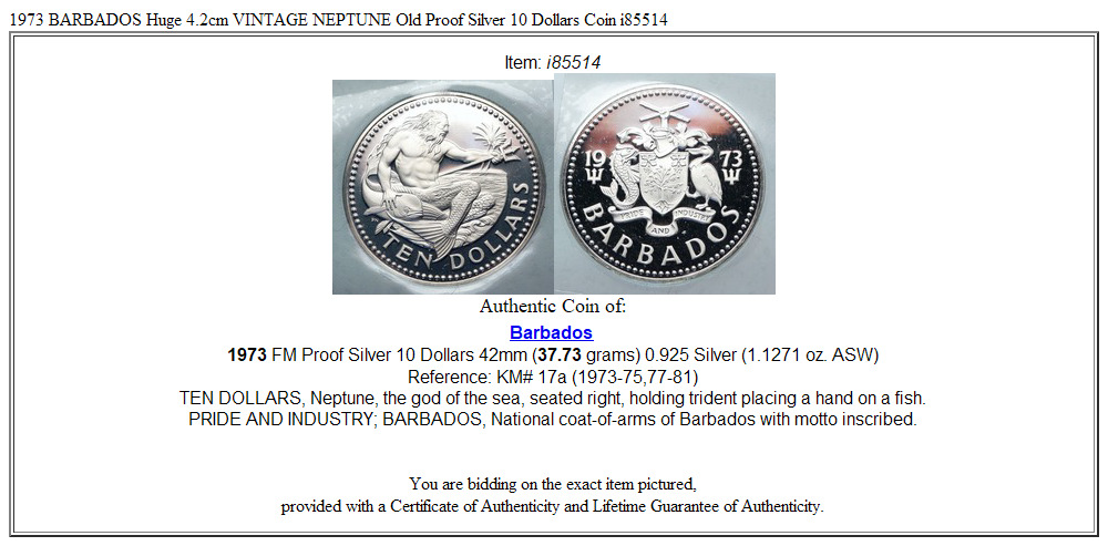 1973 BARBADOS Huge 4.2cm VINTAGE NEPTUNE Old Proof Silver 10 Dollars Coin i85514