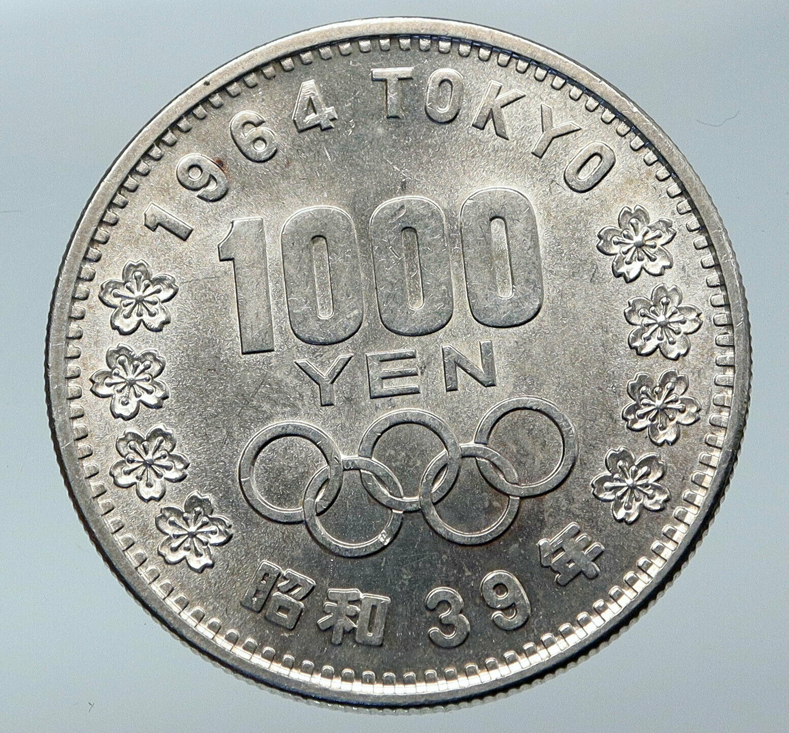 1964 JAPAN Tokyo Summer Olympic Games CHERRY MT FUJI Silver 1000 Yen Coin i85543