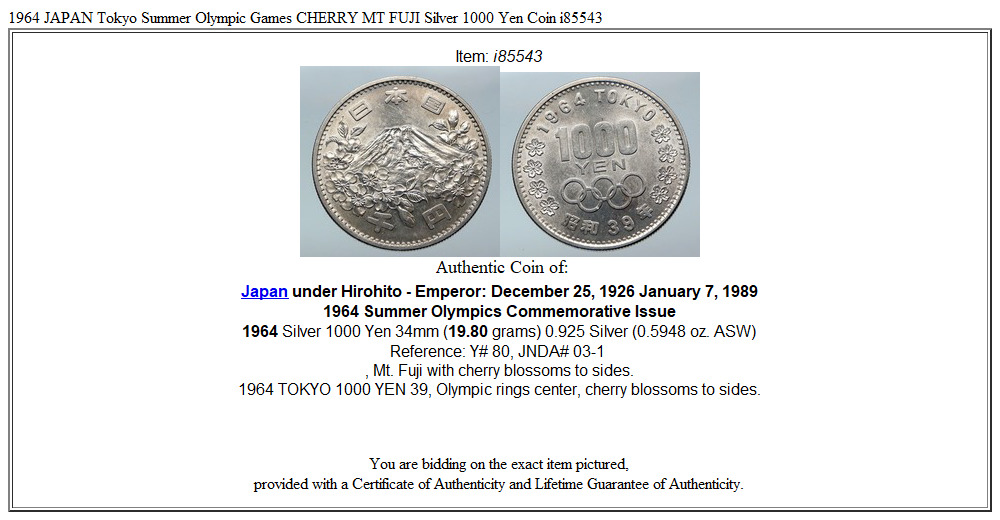 1964 JAPAN Tokyo Summer Olympic Games CHERRY MT FUJI Silver 1000 Yen Coin i85543